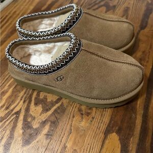 UGG Tan Suede Slip-Ons with Woven Trim